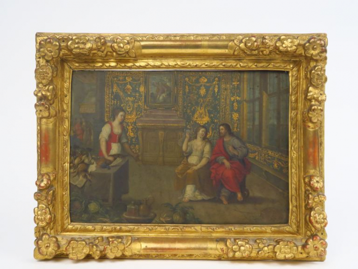 Ecole XVIIème  "Jésus, Marthe et Marie" Huile sur cuivre.  16 x 23 cm