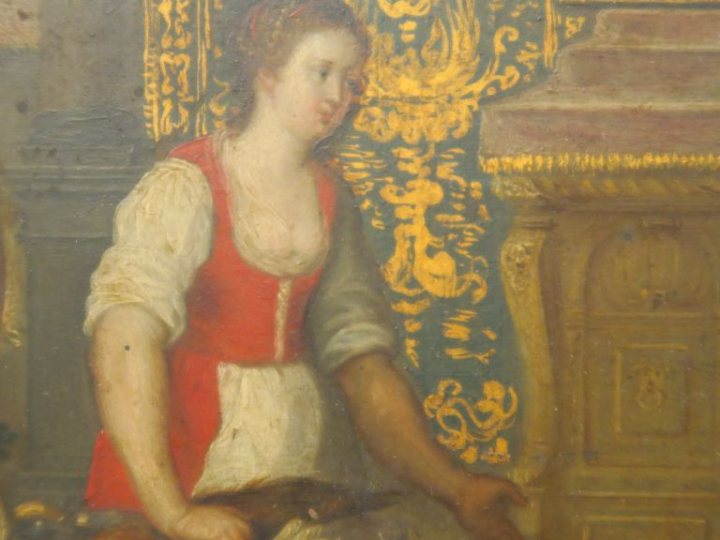 Ecole XVIIème  "Jésus, Marthe et Marie" Huile sur cuivre.  16 x 23 cm