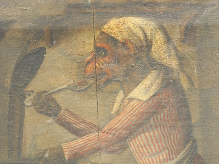 Ecole française dans le goût des singeries de Oudry "La cuisine et le 