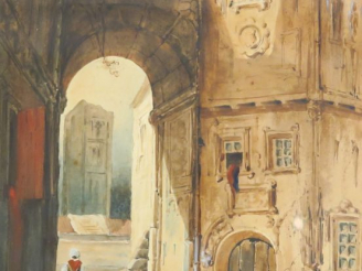 Vente aux enchères Ecole française XIXème  "Ruelle animée" Aquarelle.  24 x 17,5 cm