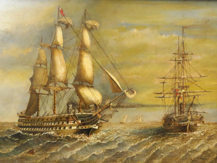 Ecole hollandaise fin XIXème - début XXème.  "Vaissaux de guerre" Huil