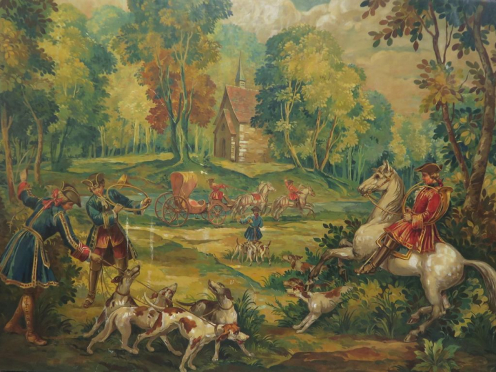 Ecole française "Scène de chasse à courre" Carton de tapisserie, peint