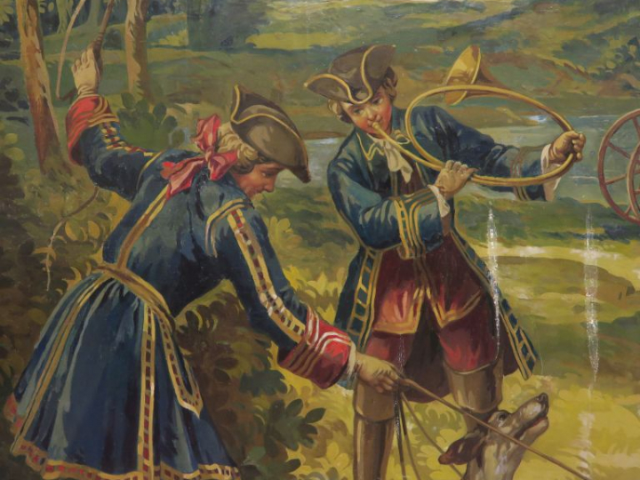 Ecole française "Scène de chasse à courre" Carton de tapisserie, peint