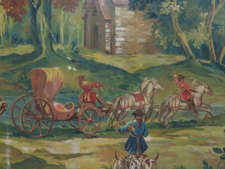 Ecole française "Scène de chasse à courre" Carton de tapisserie, peint