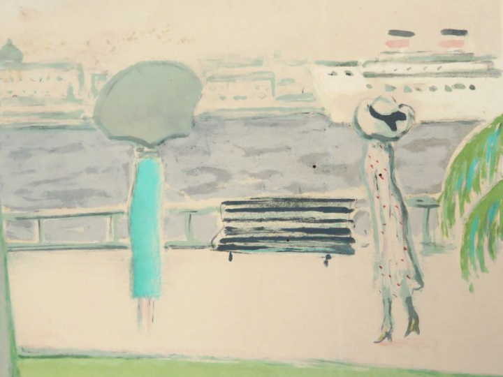 CASSIGNEUL  "Elégante sur les quais" Lithographie.  Signée en bas à dr