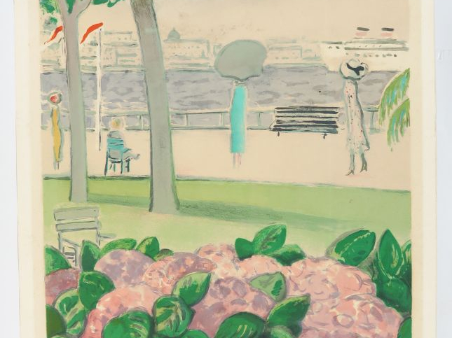 CASSIGNEUL  "Elégante sur les quais" Lithographie.  Signée en bas à dr