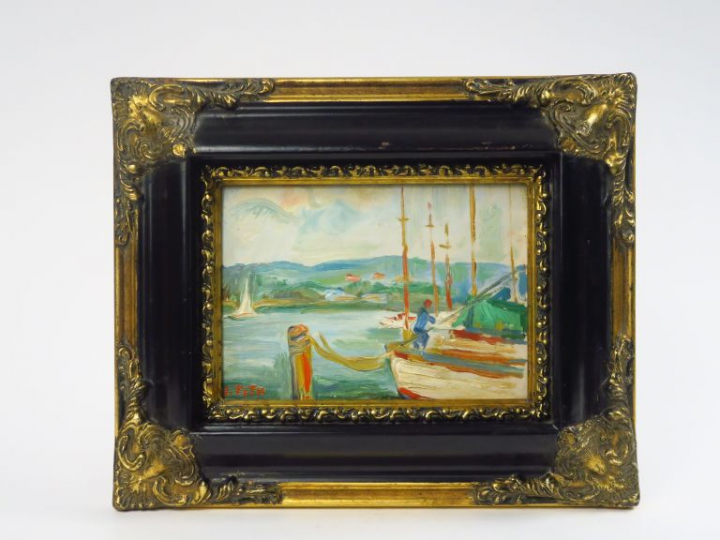 J. TOTH. "La Seine à Meulan". Huile sur panneau, signée en bas à gauch