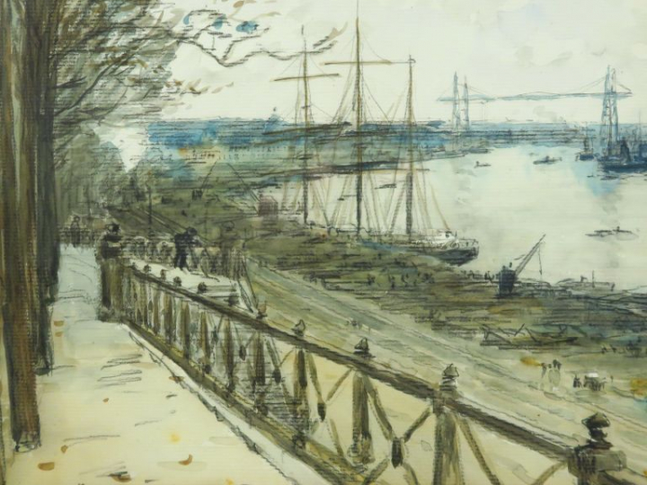 Franck BOGGS  "Le port de Nantes" Dessin aquarellé. Signé en bas à gau