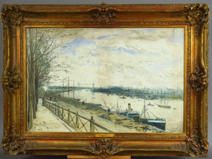 Franck BOGGS  "Le port de Nantes" Dessin aquarellé. Signé en bas à gau