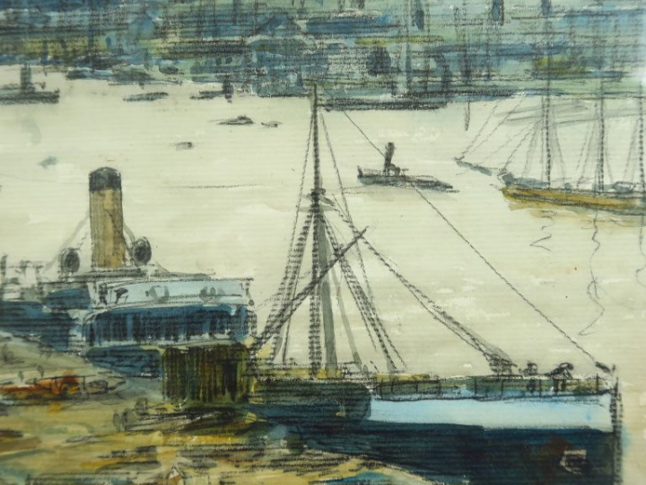 Franck BOGGS  "Le port de Nantes" Dessin aquarellé. Signé en bas à gau