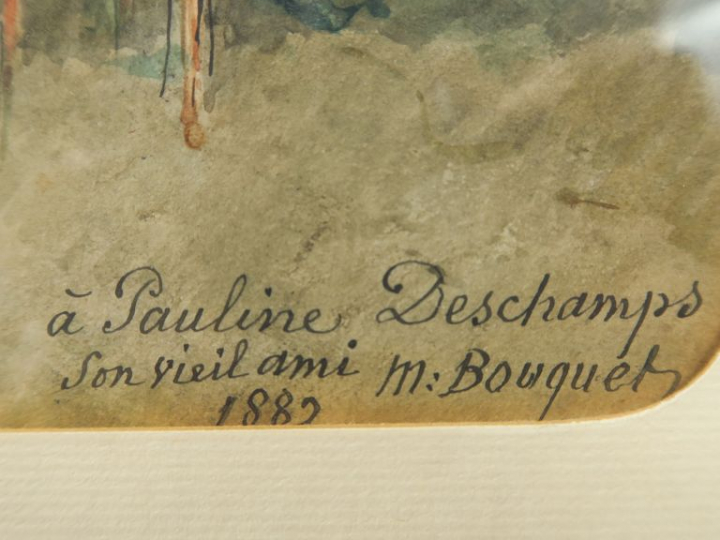 M. BOUQUET "Nature morte aux fleurs et au papillon" Aquarelle.  Signée