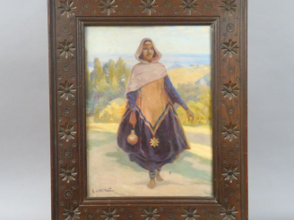 Vente aux enchères Etienne CHAUVELOT. "Femme d'Afrique du Nord" Huile sur carton.  Signée