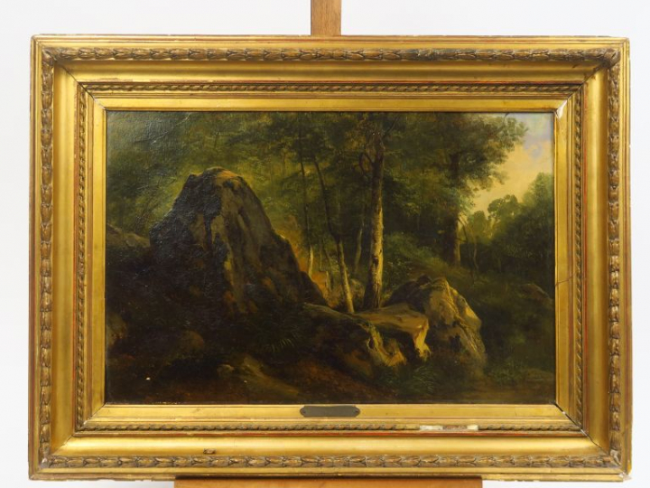 Jules COIGNET (attribuée à) "En forêt de Fontainebleau" Huile sur cart