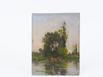 Vente aux enchères Hippolyte Camille DELPY "Paysage lacustre animé" Huile sur panneau. Si