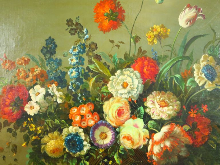 Ecole du Nord XIXème "Bouquet de fleurs sur un entablement" Huile sur 