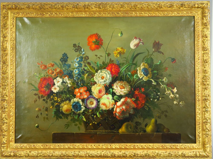 Ecole du Nord XIXème "Bouquet de fleurs sur un entablement" Huile sur 