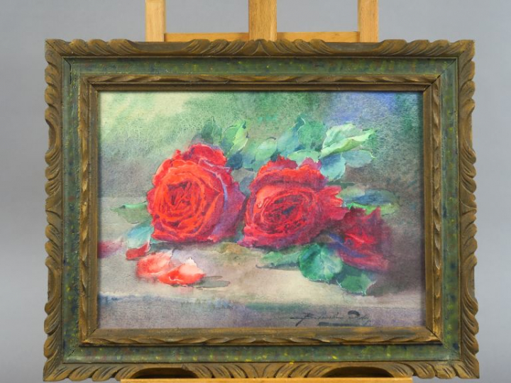 Blanche ODIN  "Roses rouges" Aquarelle.  Signée en bas à droite.  Diam