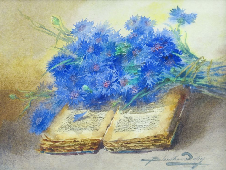 Blanche ODIN "Nature morte aux bleuets et au livre" Aquarelle.  Signée