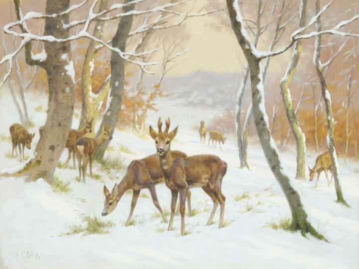 G.F RÖTIG.  "Biches et chevreuils sous la neige" Gouache. Signée en ba