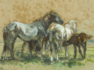 Vente aux enchères Henri ROUSSEAU  "Chevaux" Dessin aquarellé.  Signé du tampon de l'atel