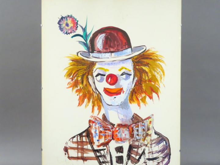 Adolfo TUR  "Clown au chapeau melon" Gouache.  Signée en bas à gauche 