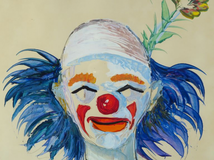 Adolfo TUR  "Clown aux cheveux bleus" Gouache.  Signée en bas à droite