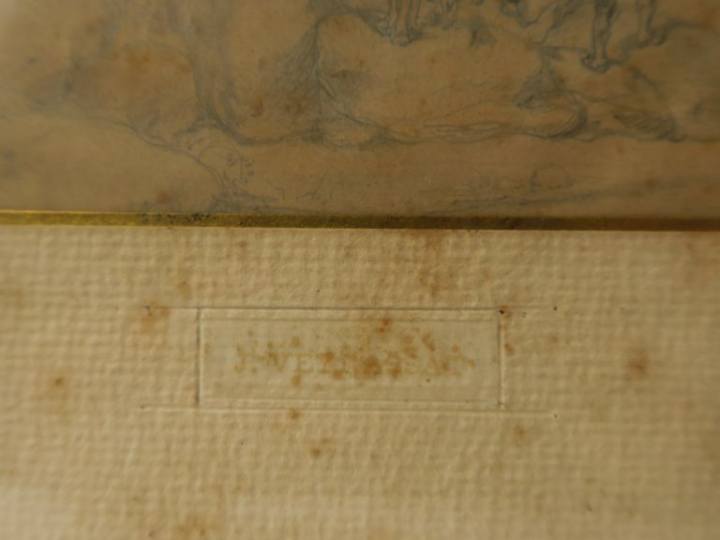 J. VEYRASSAT "Scène de chasse" Dessin au crayon. Monogrammé en bas à g