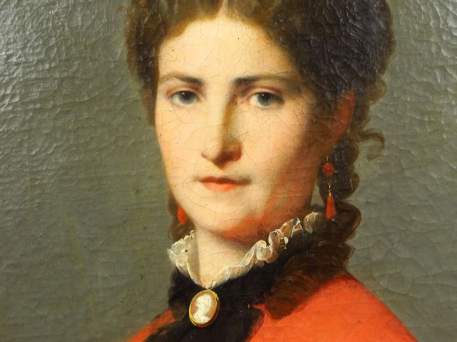 VIGNON (de) "Portrait de jeune femme à la robe de soie rouge" Huile su