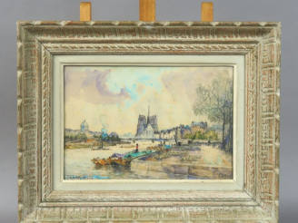 Vente aux enchères Frank WILL  "Bord de Seine à Paris" Dessin aquarellé.  Signé en bas à 