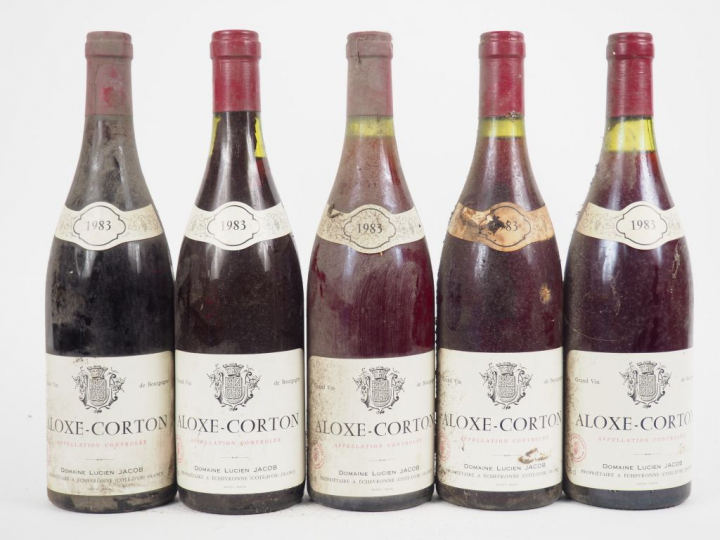 5 BOUTEILLES ALOXE CORTON L. JACOB - 1983 - 3 à 1 CM/1 à 2 CM/1 à 2,5 