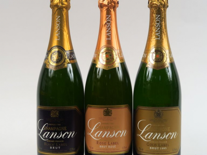 3 BOUTEILLES CHAMPAGNE COFFRET LANSON : 1 ROSE - 1 BLACK LABEL - 1 GOL