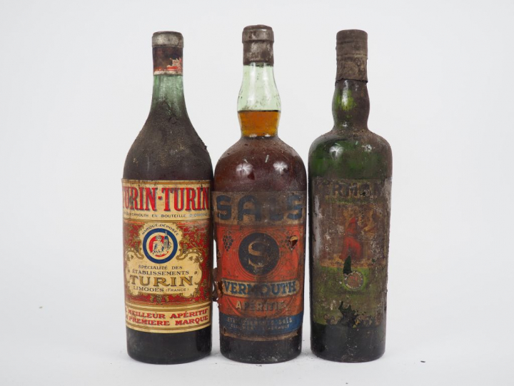 3 VIEILLES BOUTEILLES VERMOUTH : 1 SALS - 1 TURIN TURIN - 1 CAZANOVE -