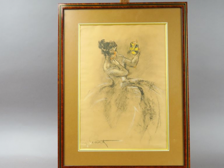 L. ICART. "Elégante au masque".  Dessin, signé en bas à gauche. Dim. :