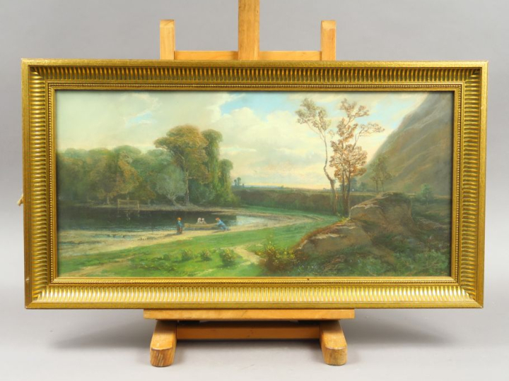 Ecole française XIXe. "Paysage lacustre animé".  Pastel, signé en bas 