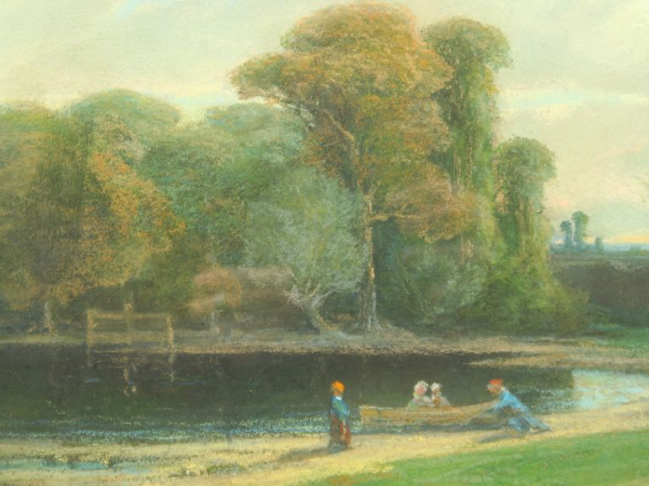 Ecole française XIXe. "Paysage lacustre animé".  Pastel, signé en bas 