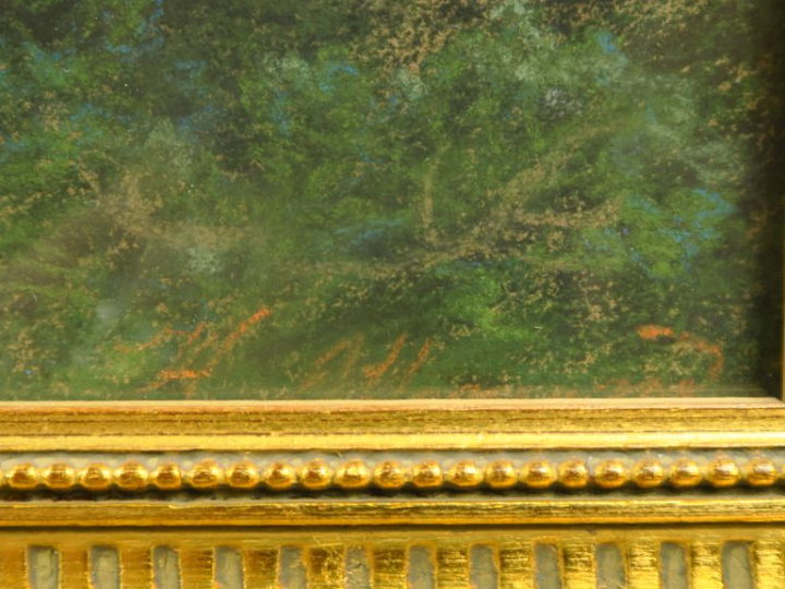 Ecole française XIXe. "Paysage lacustre animé".  Pastel, signé en bas 