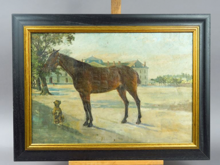 Ecole française XIXème. "Bouledogue et étalon".  Huile sur toile.  Dim