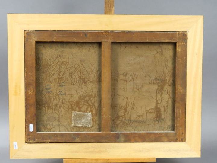 Ecole française XIXème. "Bouledogue et étalon".  Huile sur toile.  Dim