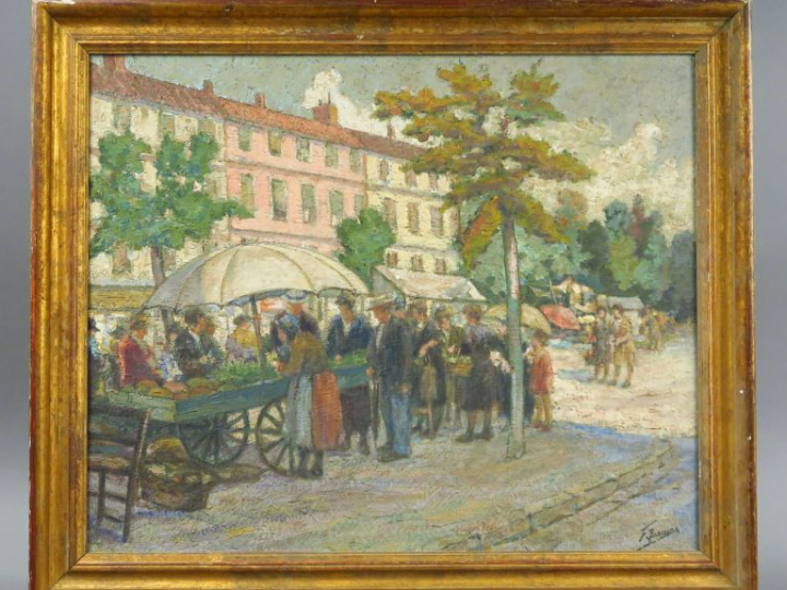 F. BARCOUDA. "Scène de marché".  Huile sur toile, signée en bas à droi