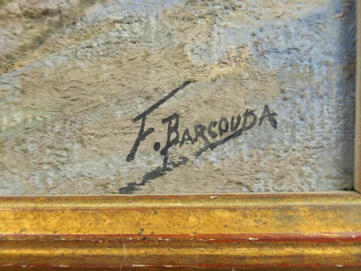 F. BARCOUDA. "Scène de marché".  Huile sur toile, signée en bas à droi