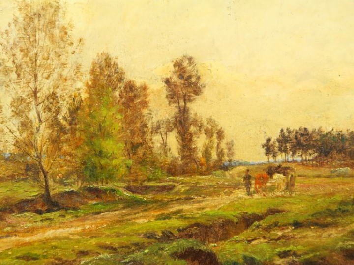 C. BEAUVERIE. "Paysage animé".  Huile sur panneau, signée en bas à dro