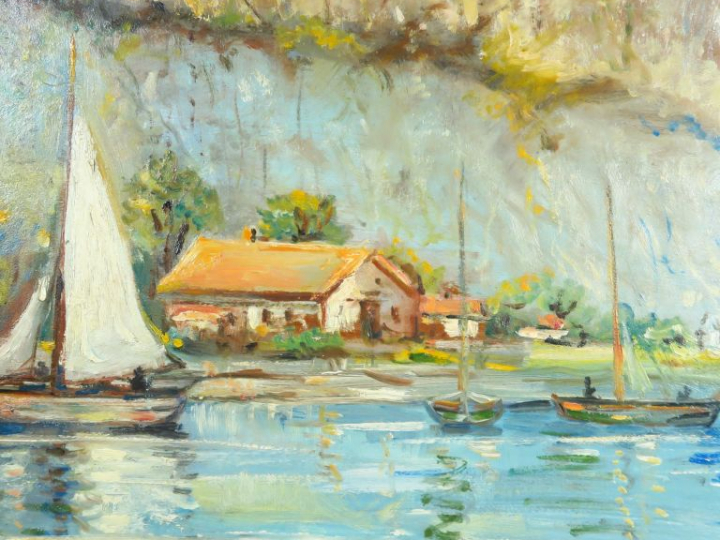 H. BLYWEERT. "Voiliers au mouillage".  Huile sur panneau, signée en ba