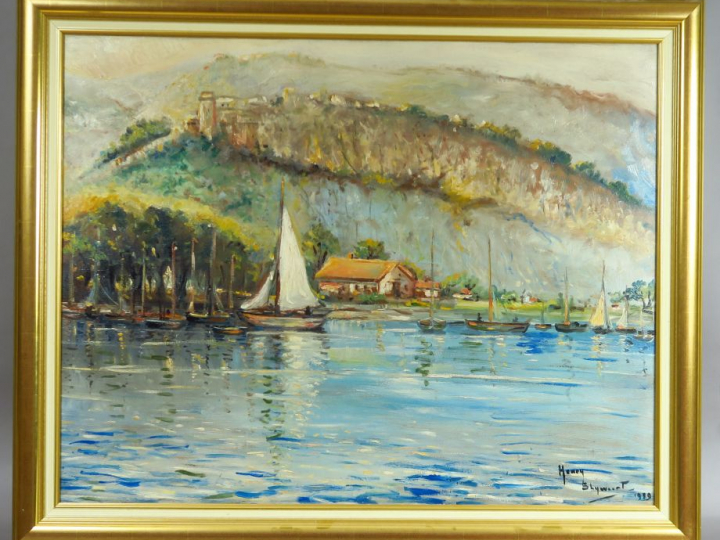 H. BLYWEERT. "Voiliers au mouillage".  Huile sur panneau, signée en ba