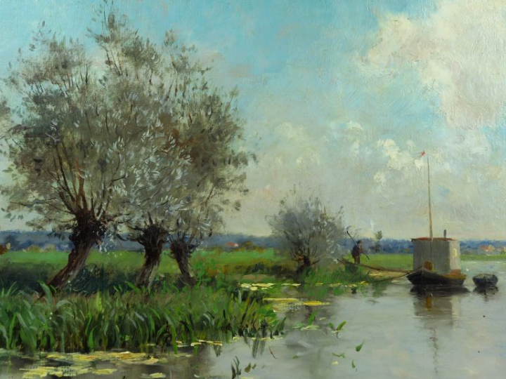 H.C DELPY. "Bord de rivière animé".  Huile sur toile, signée en bas à 