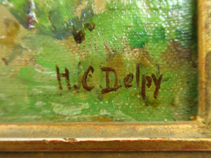 H.C DELPY. "Bord de rivière animé".  Huile sur toile, signée en bas à 