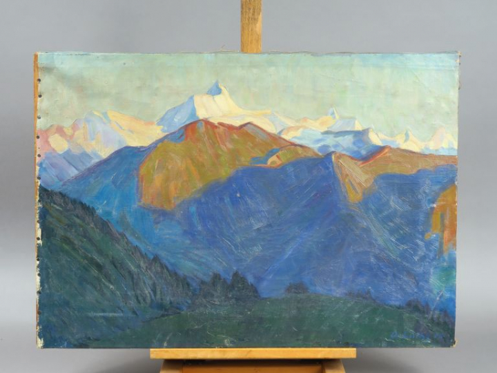 O. LÜTHY. "Paysage de montagne".  Huile sur toile, signée en bas à gau