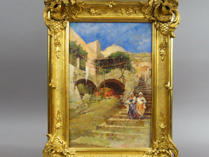 R. FORCADE. "Les lavandières".  Huile sur panneau, signée en bas à dro