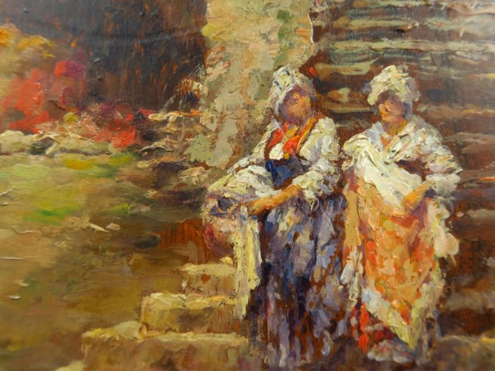 R. FORCADE. "Les lavandières".  Huile sur panneau, signée en bas à dro