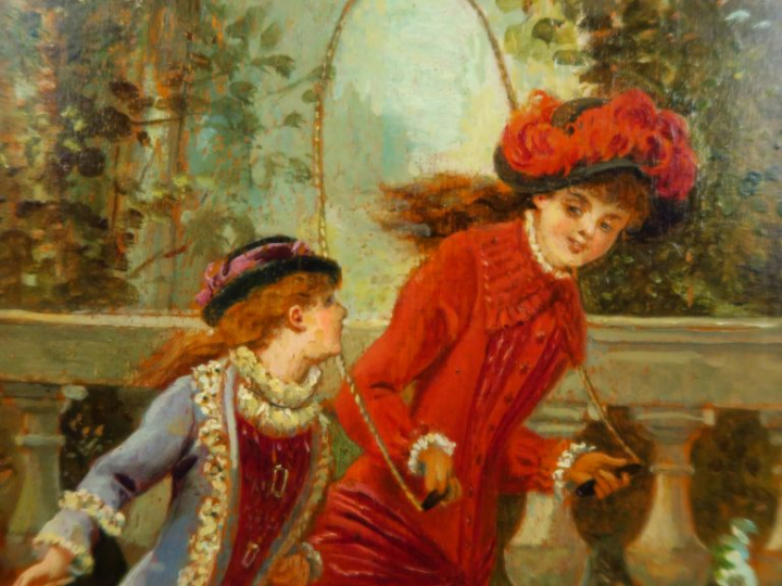 A. FOURNIER.  "Jeunes filles jouant dans un parc".  Huile sur panneau,