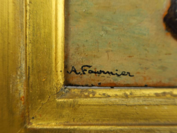 A. FOURNIER.  "Jeunes filles jouant dans un parc".  Huile sur panneau,